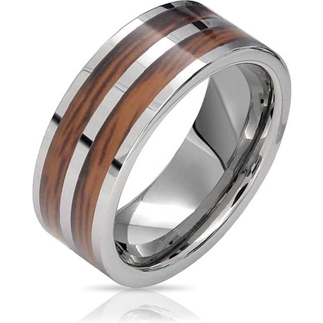 Bling Jewelry Double Row Wide Stripe Brown Koa Wood Inlay Titanium Wedding Band Rings?for?Men for Women Silver Tone Comfort Fit 8MM