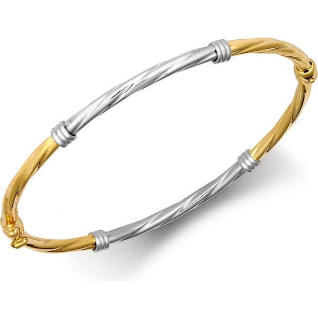 Jewelco London Ladies 9ct Yellow and White gold Half and Half Twisted Collar 3mm Bangle Bracelet - JBG347