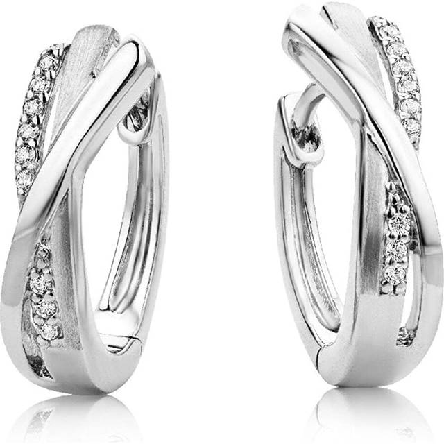 Miore 925 Sterling Silver Crossover Hoop Earrings with 9 Clear Zirconia Crystals for Women, 6 x 16.5mm