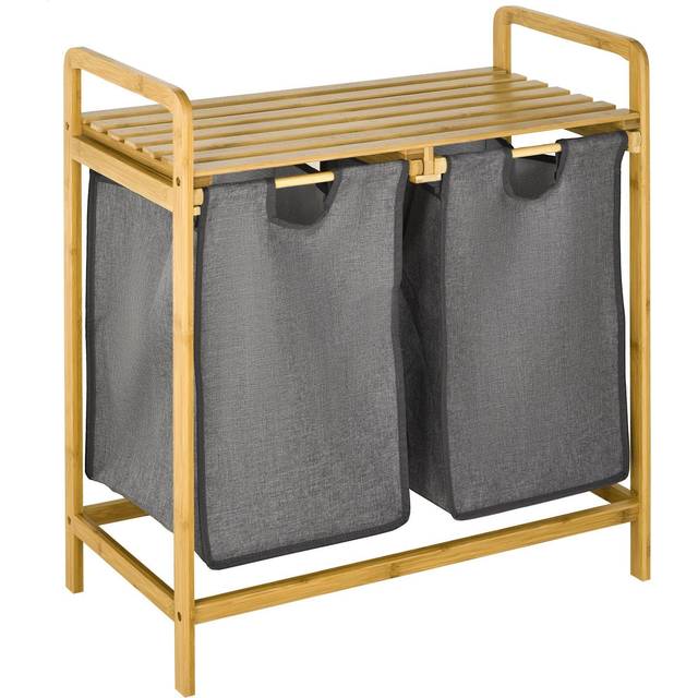 Homcom Bamboo Laundry Basket With Shelf Pull-out Bags, Grey