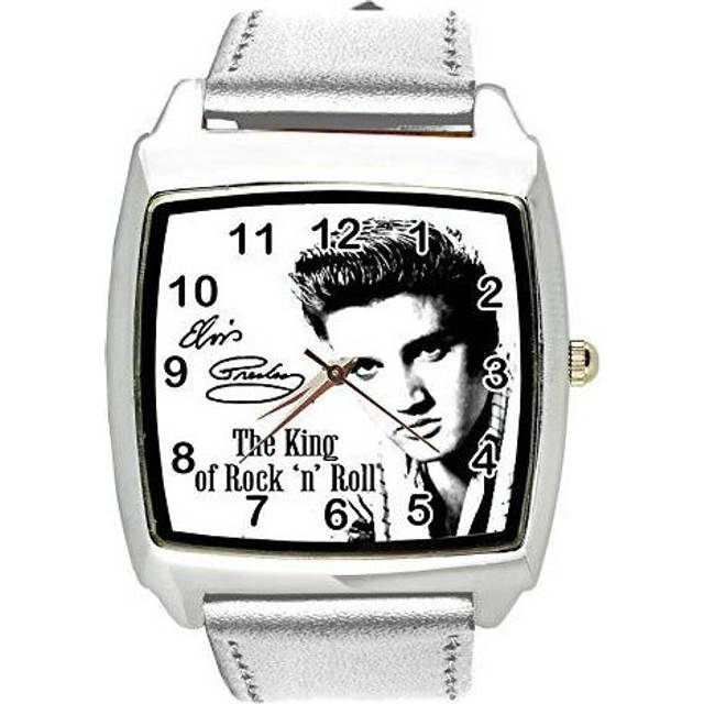 Watch Analogue Quartz with Real Leather Band Silver Square for Fan of Elvis Presley