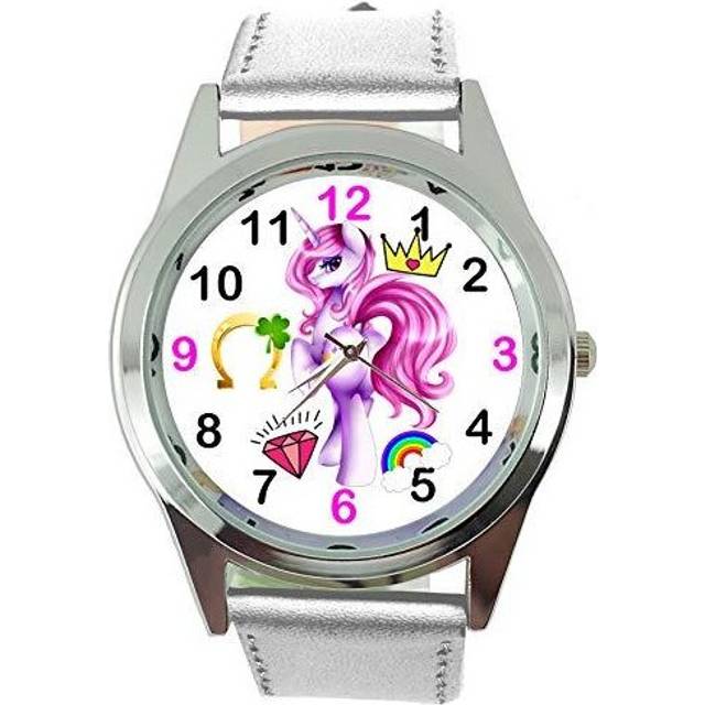 Womens Watch Analogue Quartz with Real Leather Band Silver Round Unicorn E4
