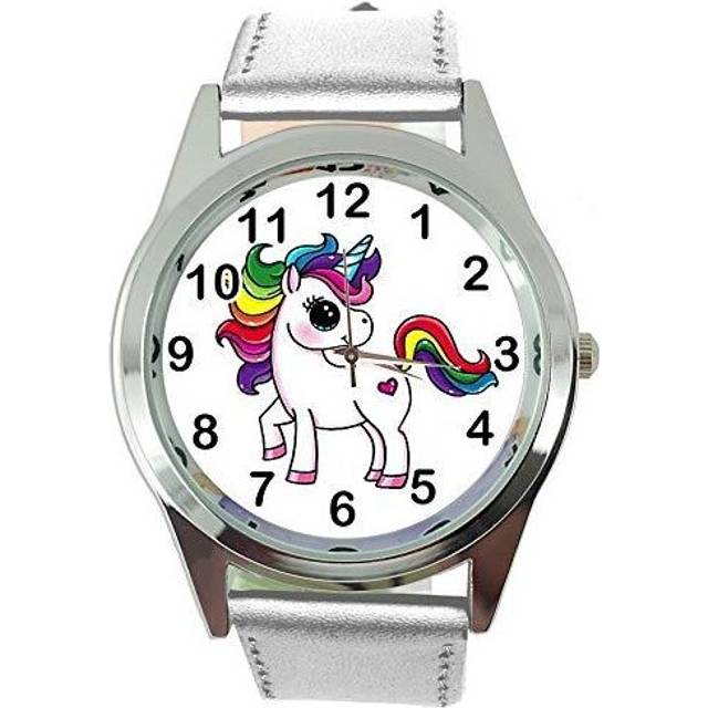 Womens Watch Analogue Quartz with Real Leather Band Silver Round Unicorn E2