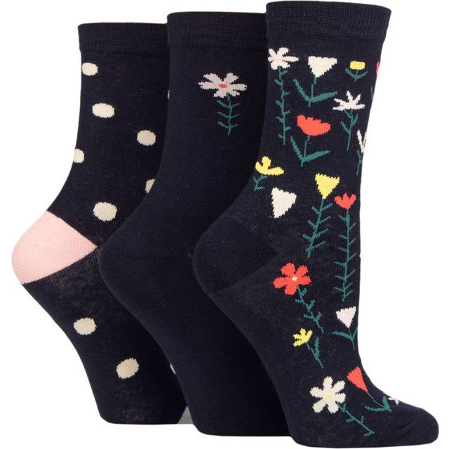 Women's 3 Pair Caroline Gardner Patterned Cotton Socks Floral Navy UK 4-8 - Blue