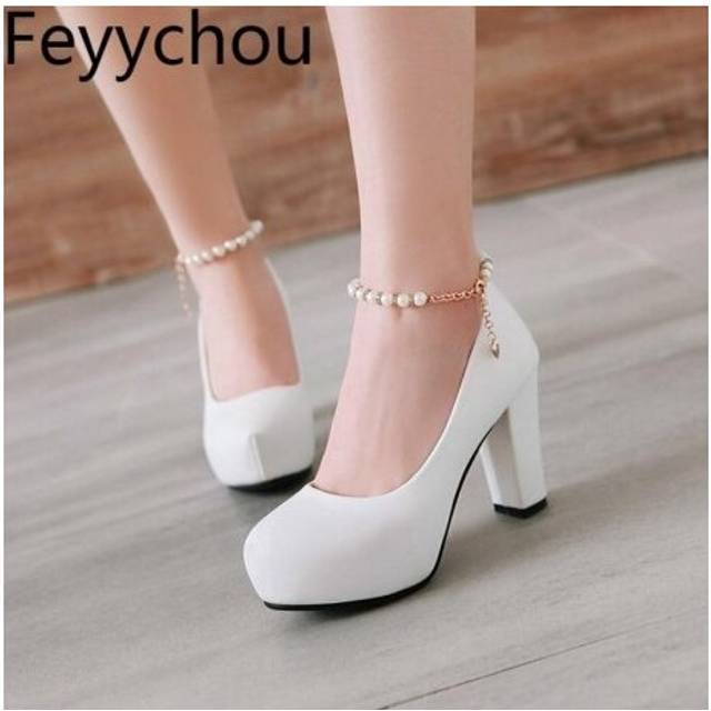 (Pink) Women's Pumps Shoes Super High Heel Pu Pearl Buckle Platform 2018 Spring Autumn Sexy New Fashion Casual Wedding Party White Pink