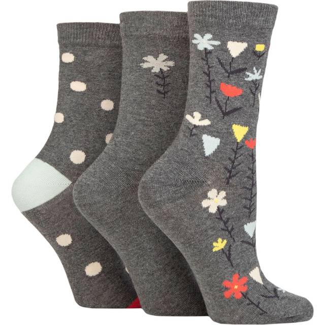 Women's 3 Pair Caroline Gardner Patterned Cotton Socks Floral Charcoal UK 4-8 - Grey
