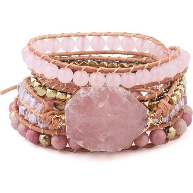 Natural Stone Bracelet Pink Quartz Leather Wrap Bracelets for Women Gems Crystal Beads Jewelry