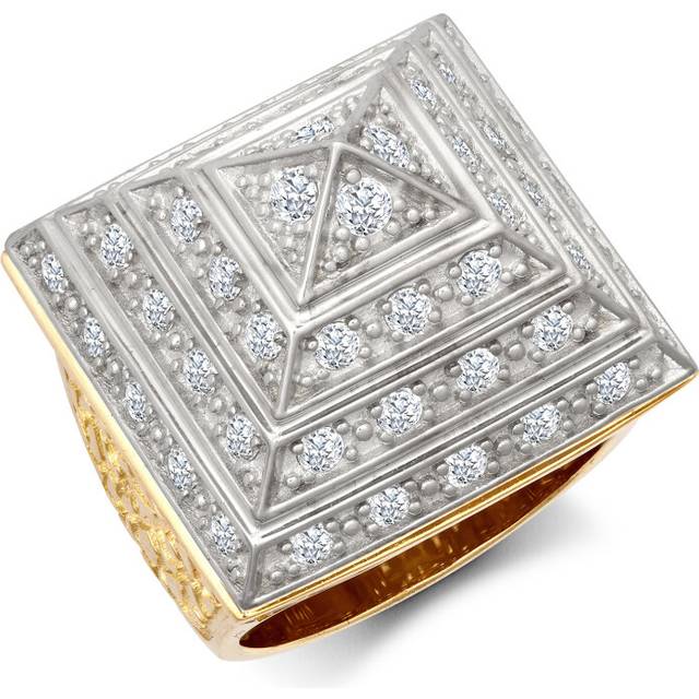 (X) Jewelco London Men's Solid 9ct Yellow and White Gold White Round Brilliant Cubic Zirconia Egyptian Pyramid 1 1/2oz 30mm Signet Ring - JRN565