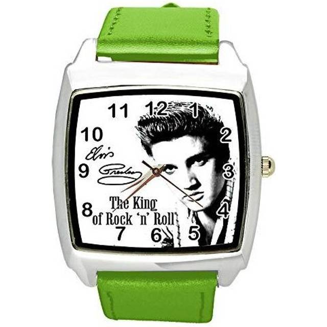Watch Analogue Quartz with Real Leather Band Green Square for Fan of Elvis Presley