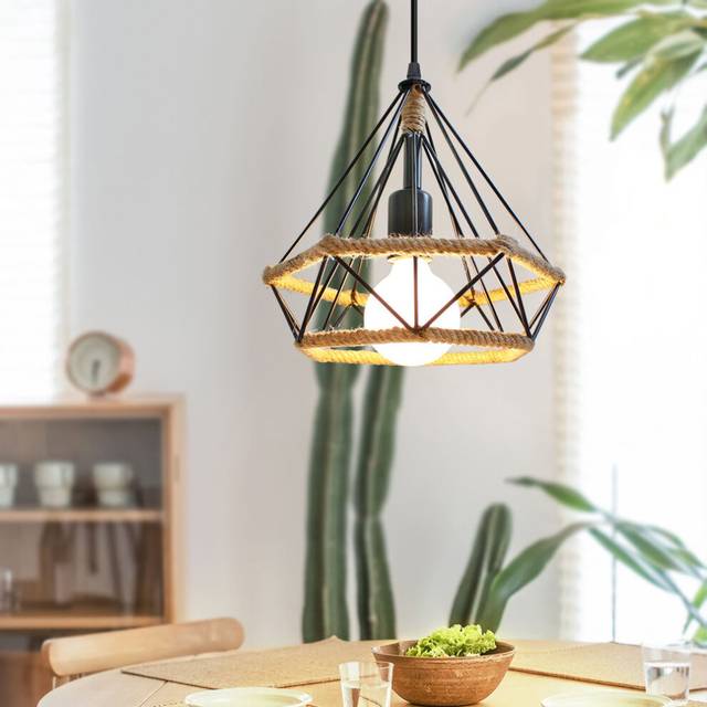 Industrial Pendant Light Diamond Cage Hanging Light Retro Chandelier E27 25CM Hemp Rope Ceiling Lamp Vintage Pendant Lamp(3 Pack)