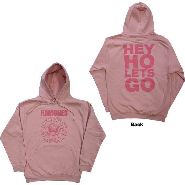 Ramones unisex pullover hoodie: pink hey ho seal (back print) (large)
