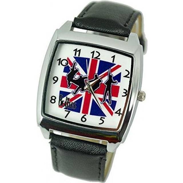 Union Jack The Beatles Quartz Square Watch Real Leather Band Bw Text Dial  Black