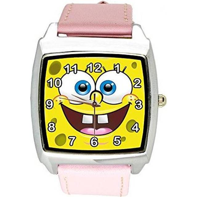 Unisex Watch Analogue Quartz with Leather Strap Sponge Bob Square Pants Pink Square