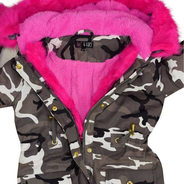 (13 Years) Kids Girls Camouflage Cerise Faux Fur Hooded Parka School Jackets Outwear Coats