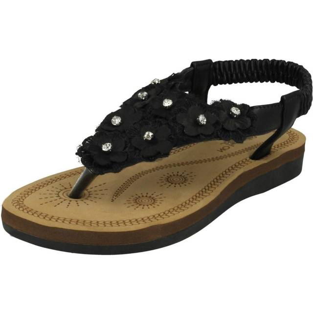 (UK 13 Child, Black) Girls Spot On Toepost Flower Trim Sandals