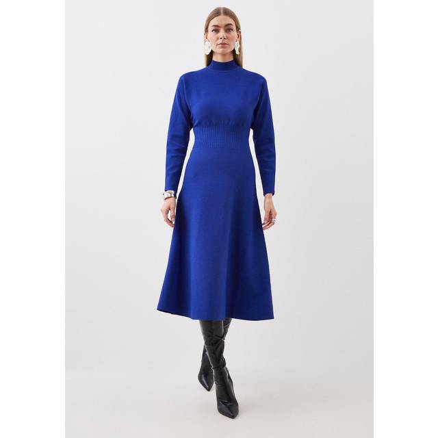 Premium Viscose Blend Body Contouring Cinched Waist Knit Batwing Dress - Blue