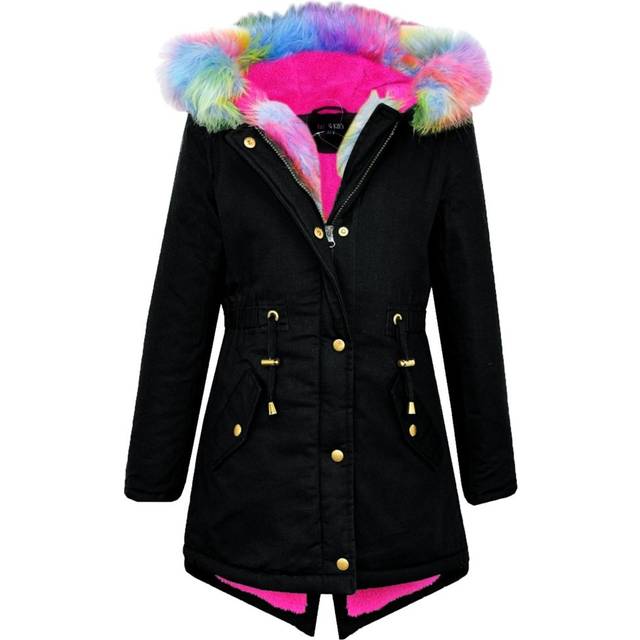(13 Years) Kids Hooded Jacket Girls Rainbow Fur Parka School Jackets Outwear Coat 5-13 Year