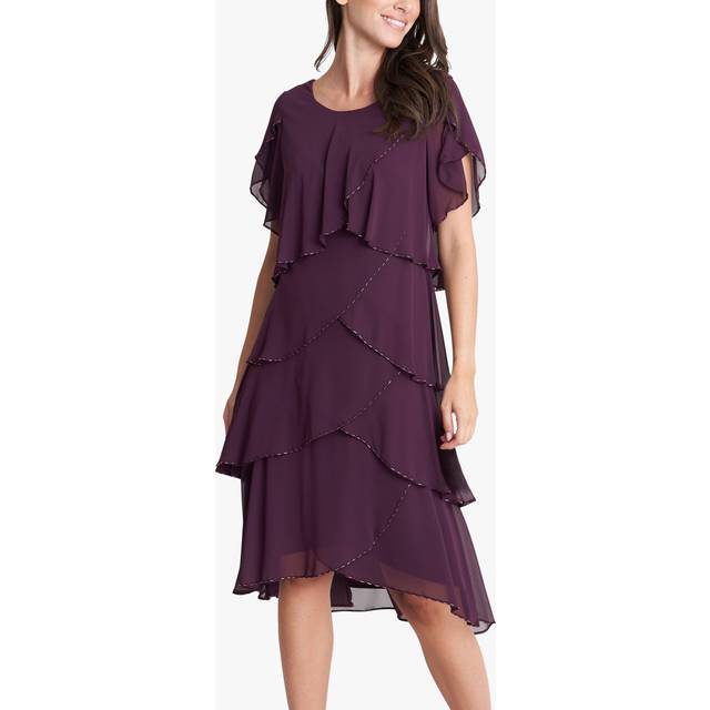 Gina Bacconi Womens Trysta Bugle Beaded Trim Tiered Cocktail Dress With Flitter Sleeves - Purple - Size 10 UK