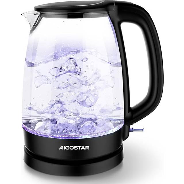 Aigostar Adam 30KHH - Glass Water Kettle with LED Lighting, 2200 Watts, 1.7 Liter, Boil-Dry Protection, BPA Free, Black. Exclusive Design