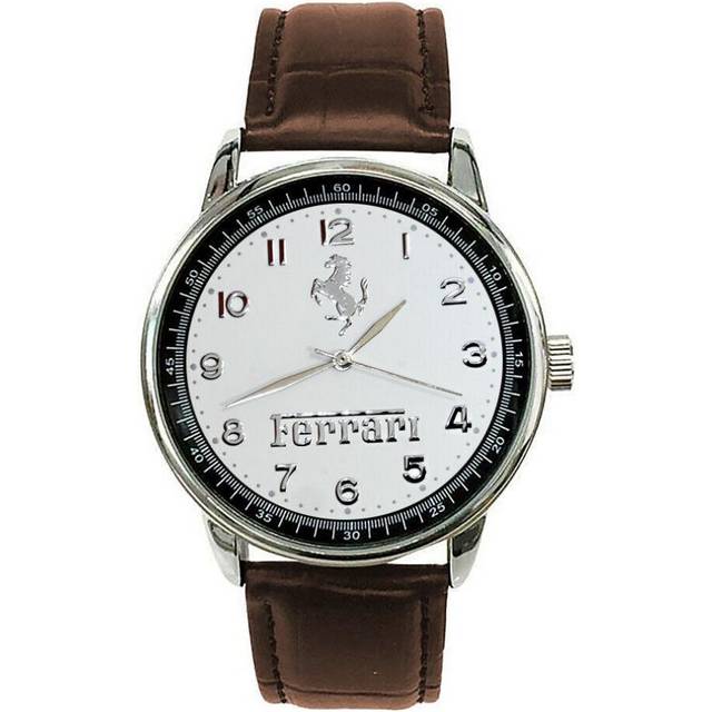 FERRARI Mens Stainless Steel WHITE Dial BROWN Leather Strap Sport CAR Watch