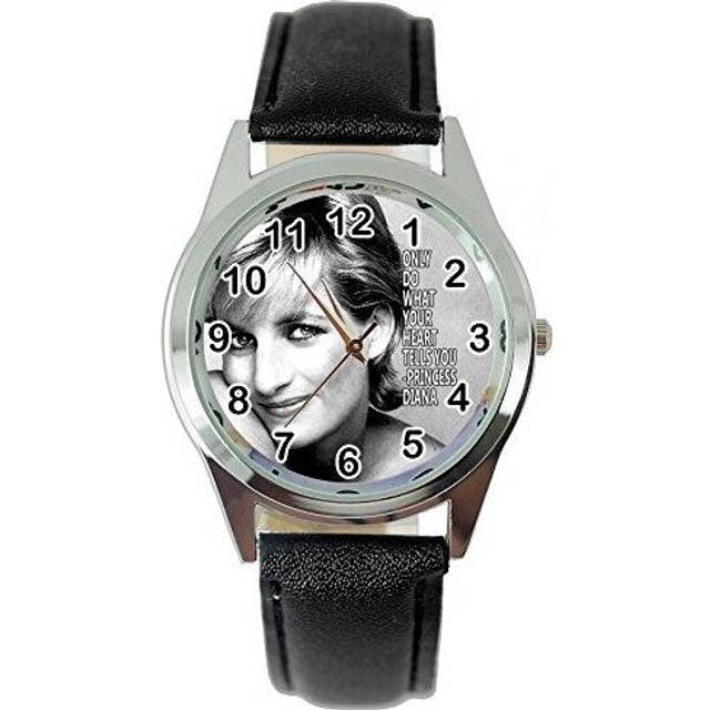Princess of Wales Diana Quartz Round Watch Real Leather Band Dial Black
