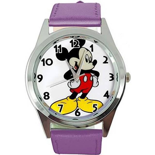 Watch Analogue Quartz with Real Leather Band Violet Round for Fan of Mickey Mouse - Purple