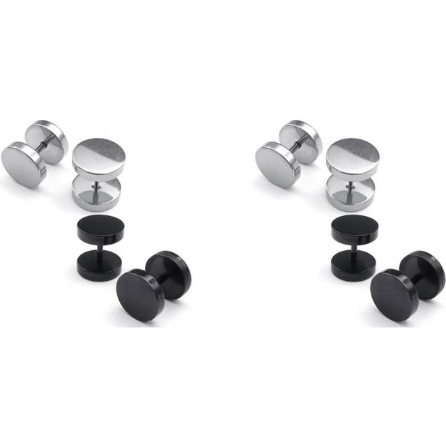 Jewelry Men Earrings, Circle Ear Studs, 6mm 4 Pair, Black Silver Color- Stainless Steel