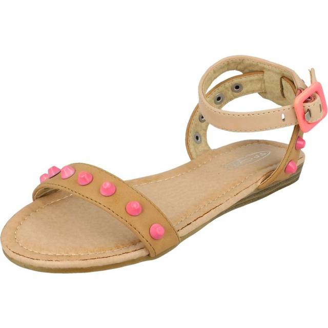(UK 12 Child, Camel (Beige)) Girls Spot On Flat Sandal Ankle Strap