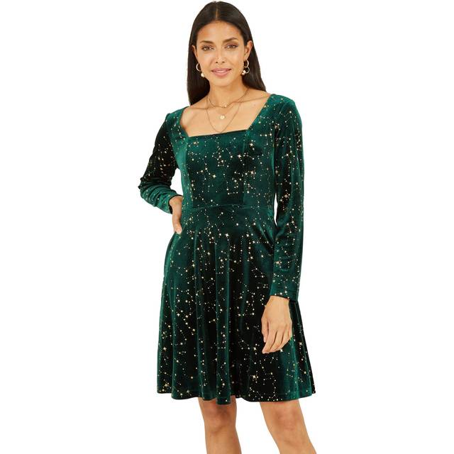 Green Star Foil Print Long Sleeve Skater Dress - 10