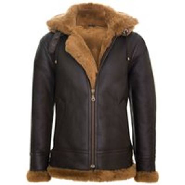 (M) Mens Sheepskin Flying Jacket Hooded Bomber B3 Brwn