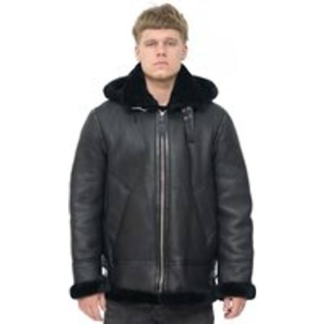(5XL) Mens Sheepskin Flying HoodedBomber B3 Black Jacket