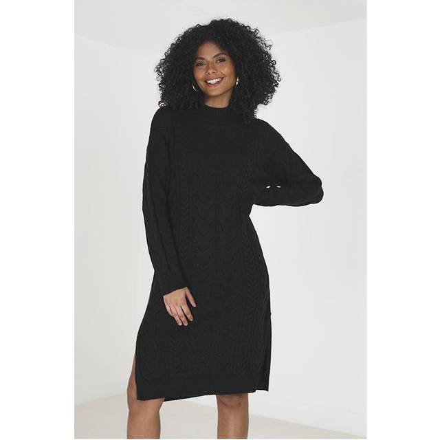 Longline Cable Knit Jumper Dress - Black - Extra Small - Brave Soul