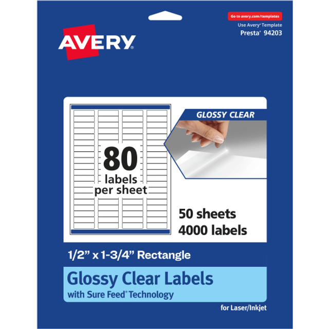 "Avery Glossy Clear Rectangle Labels with Sure Feed  .5"""""""" x 1.75""""""""  4 000 Glossy Clear Labels  Laser/Inkjet Printable Labels"