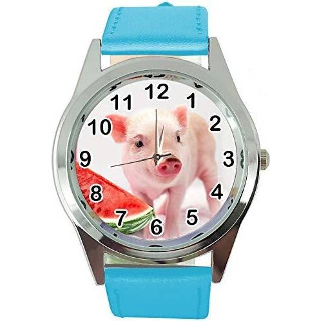 Watch Analogue Quartz with Real Leather Band Blue Round for Piglet Babe Fans