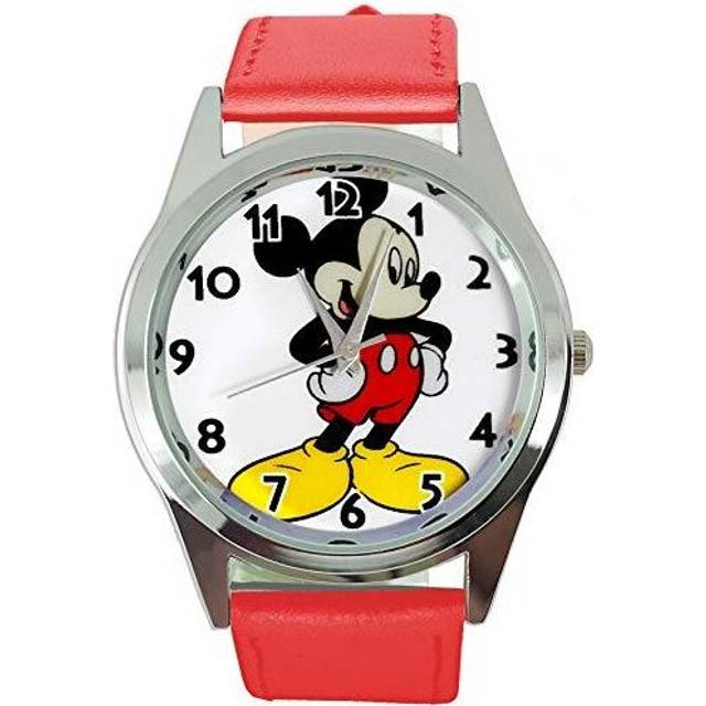 Watch Analogue Quartz with Real Leather Band RED Round for Fan of Mickey Mouse - Red