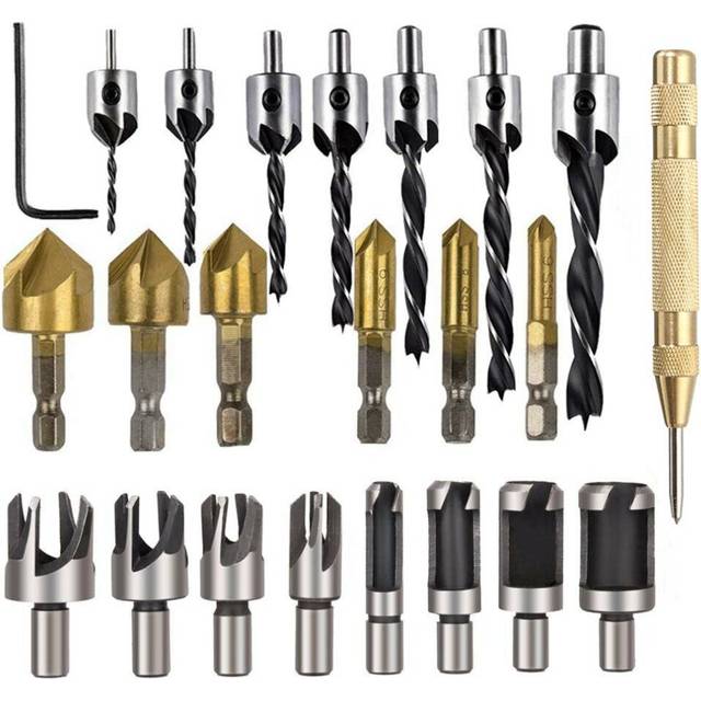 23Pcs Chamfer Countersink Drill Bit Set 6Pcs Hexagon 5 Flute Countersink 7Pcs Three Pointed Countersink Drill Bit 8Pcs Wood Plug Cutter