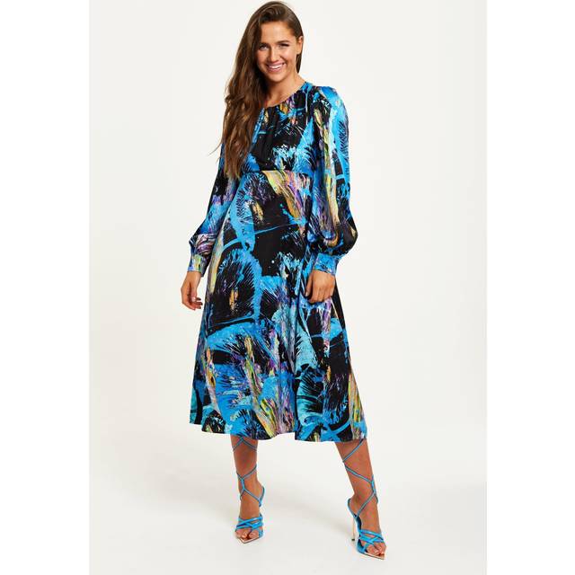 Womens Multicolour Abstract Print Midi Dress With Long Sleeves And Tie Waist - 10