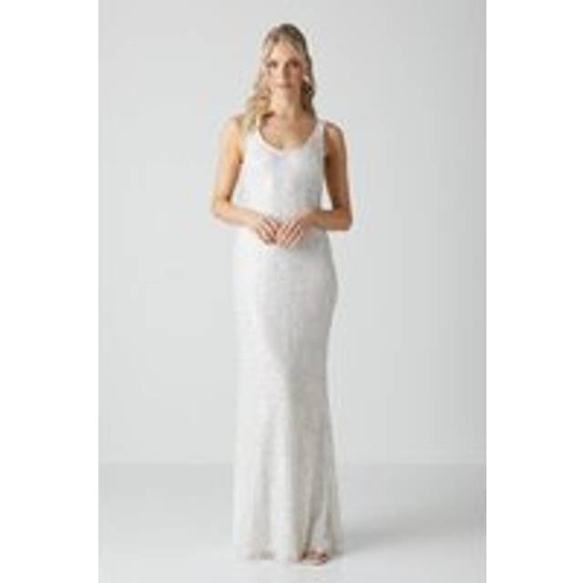 Embellished Lace Column Maxi Wedding Dress - Ivory - 10