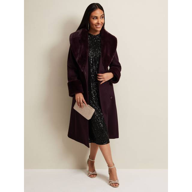 Phase Eight Women's Petite Zylah Faux Fur Collar Wool Coat - Burgundy - 18