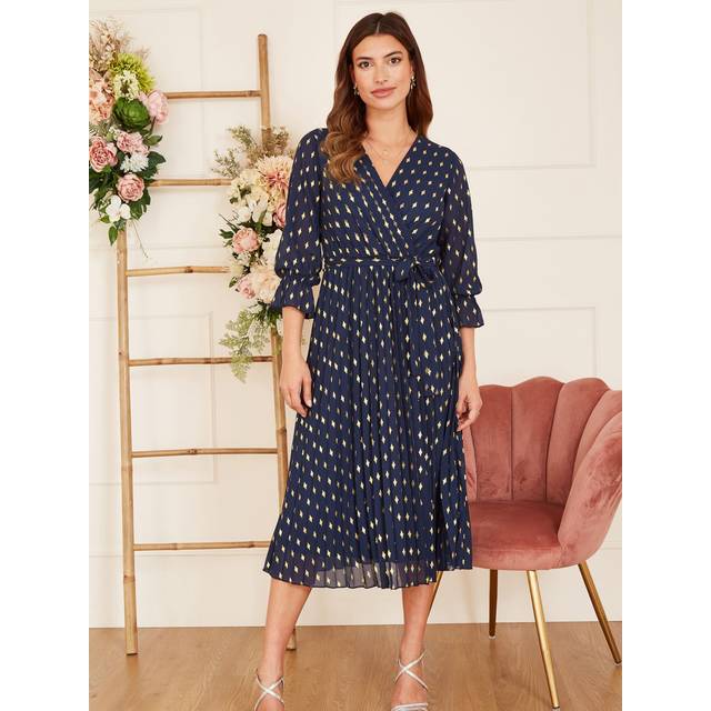 Yumi Womens Navy Foil Printed Pleated Wrap Midi Dress - Size 14 UK