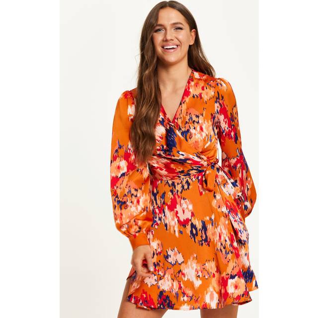 Womens Abstract Print Mini Wrap Dress With Long Sleeves In Orange - 10