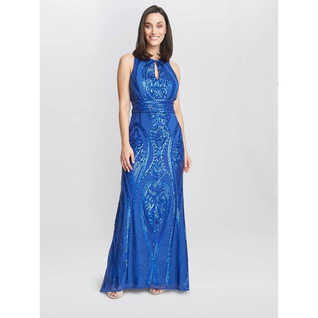 Gina Bacconi Womens Natalie Sequin Beaded Keyhole Maxi Dress - Blue - Size 10 UK
