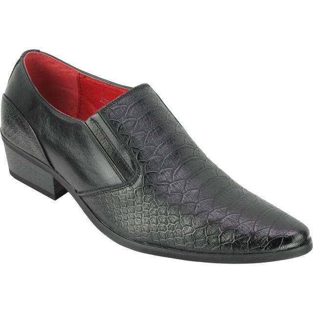 (41, Black) Mens Snakeskin Emboss Leather Loafers Retro Pointy Cuban Heel Slip on Party Shoe
