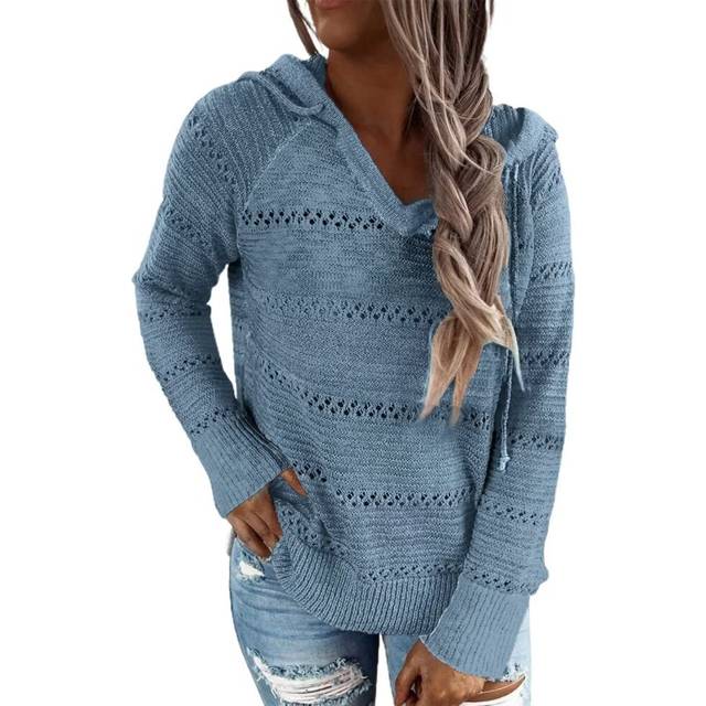 BLENCOT Women's Autumn Drawstring Long Sleeve Pullover Sweatshirts Fashion V Neck Knitted Tops Hoodies Sweater Blue 3XL
