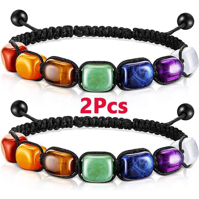 2Pcs 7 Chakra Reiki Healing Crystal Stretch Bracelets Gemstone Yoga Bracelets Adjust Braided Rope Bead Bracelet for Women Girls - Multicoloured