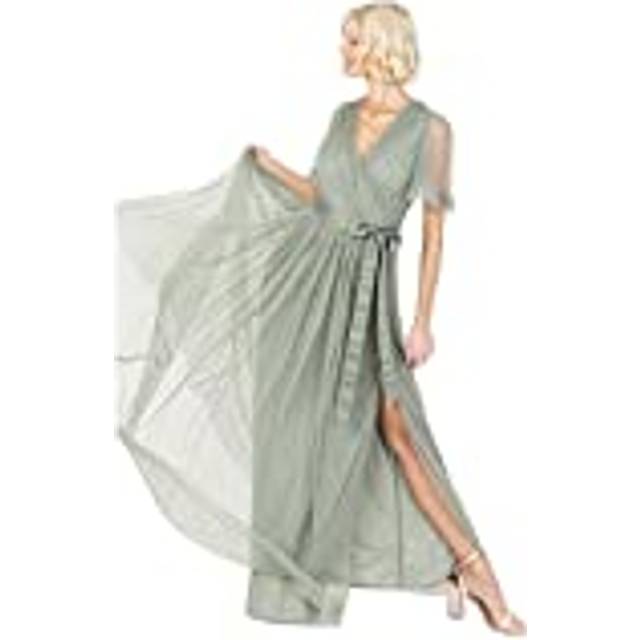 Faux Wrap Short Sleeve Belted Maxi Dress - Green - 10