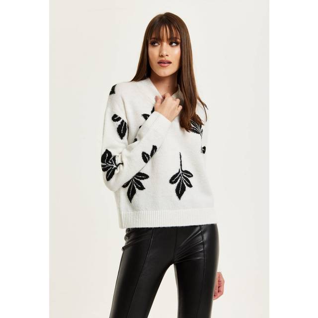Womens Leaf Pattern High Neck Jumper - White - S