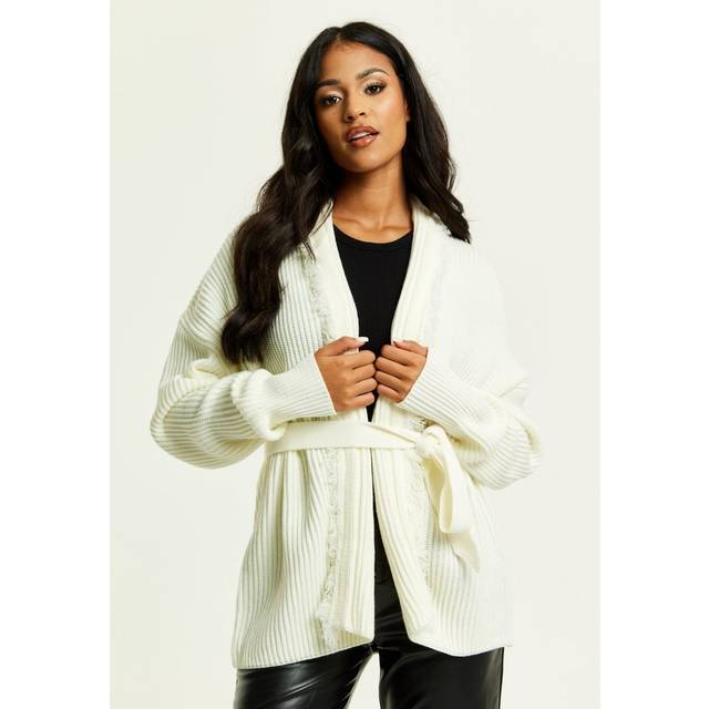 Womens Open Front Cream Cardigan With Fringe Details - White - L