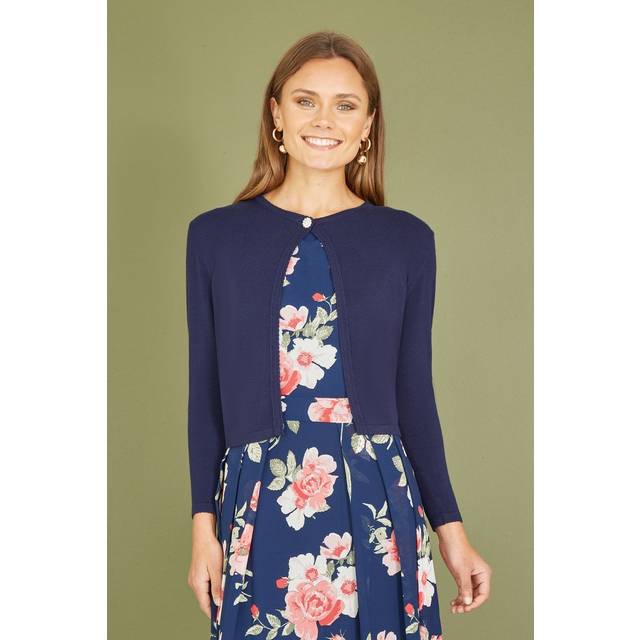 Navy Diamante Button Cropped Cardigan - S