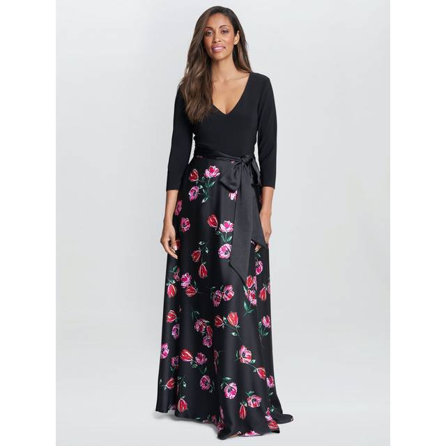 Gina Bacconi Womens Athena Print Floral Satin And Jersey Dress - Black - Size 10 UK